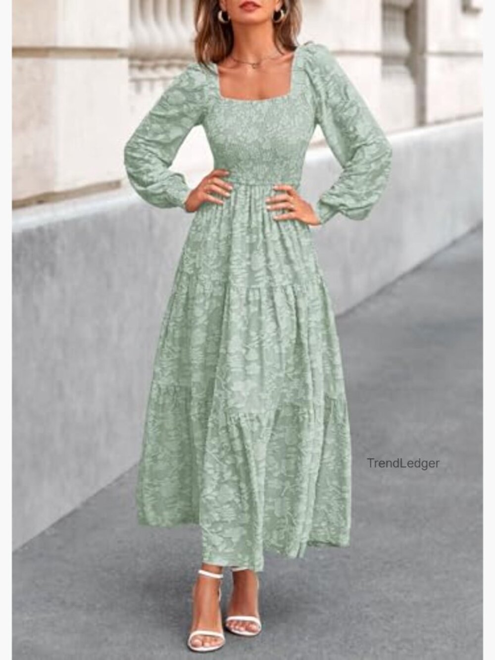 Long Sleeve Smocked Floral Maxi Dress A-Line Formal Wedding Guest - Picture 4 of 7